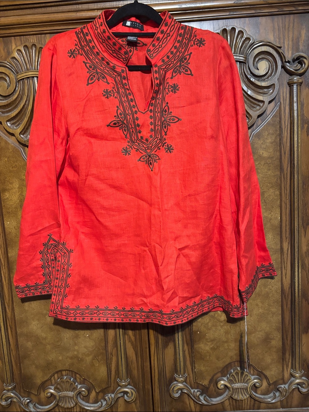 Carole Little Red Linen Tunic with Black Embroidery